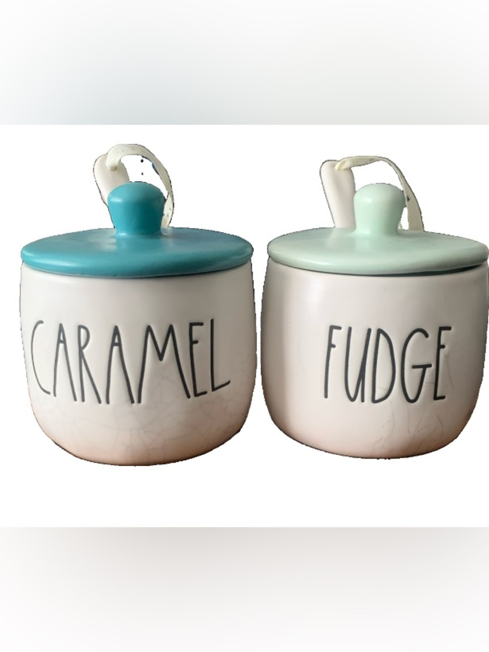 Pre Owned Rae Dunn Artisan Collection By Magenta Caramel & Fudge Lid Jars Spoons